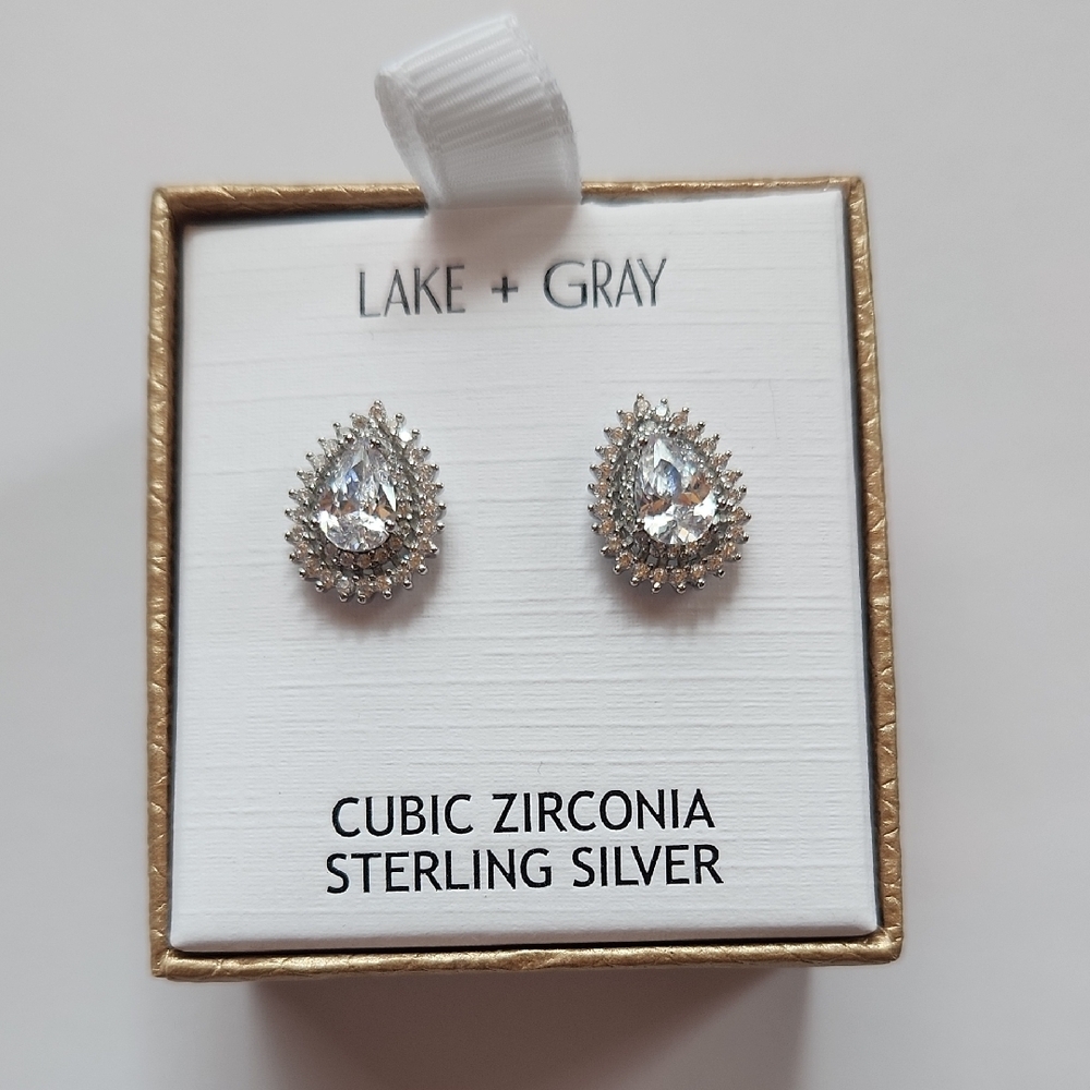 Sterling Silver Stud Earrings with Teardrop Design and Cubic Zirconia NWT